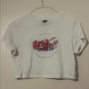 H&M White Graphic Crop Tee with Pink & Purple Cartoon